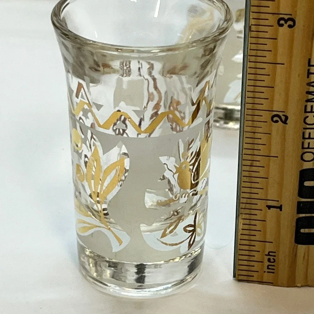 Vintage Decanter Set glenshaw‎ Gold Leaf Glass 6 Shot Glasses Brass Caddy mcm